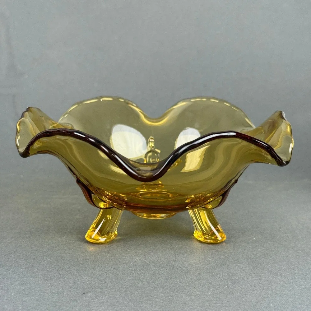 Amber Glass Ruffled Footed Bowl, Decorative Candy Dish Toy